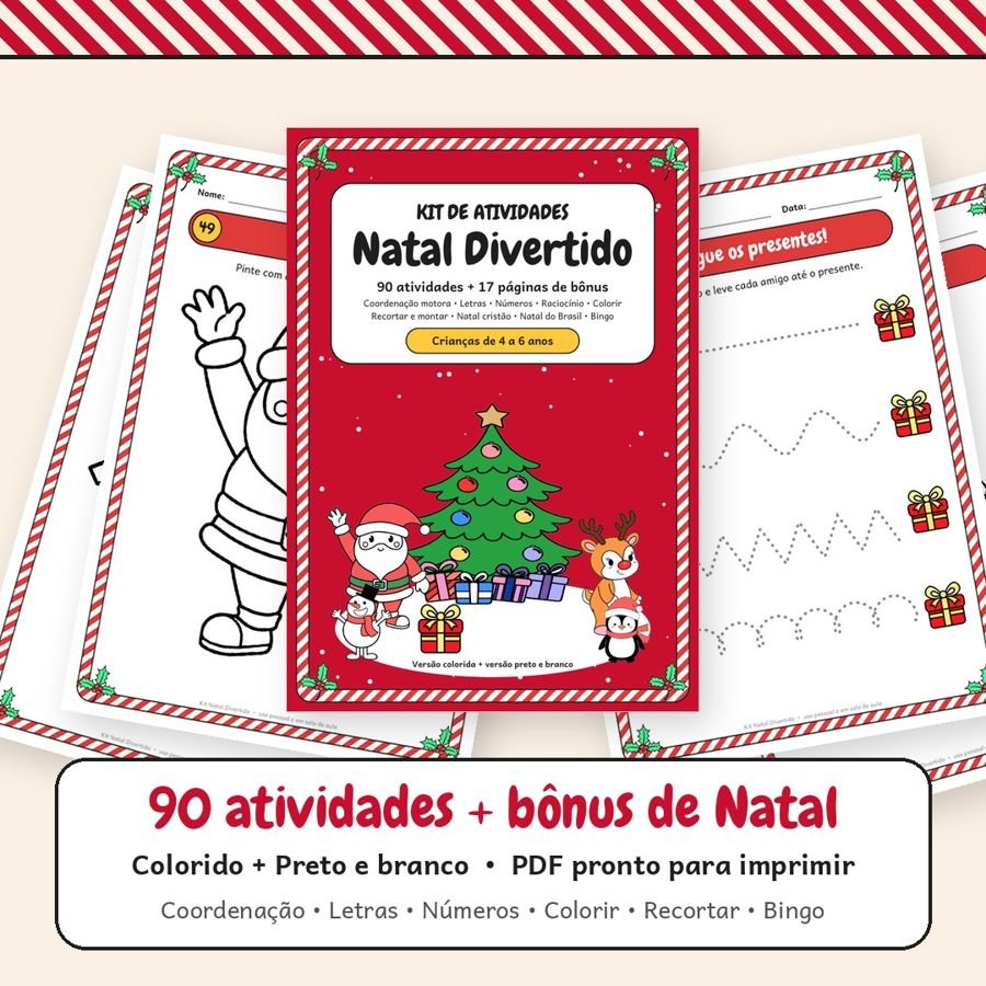 Páginas do Kit Natal Divertido espalhadas: capa, Papai Noel para colorir, caminhos pontilhados e presépio